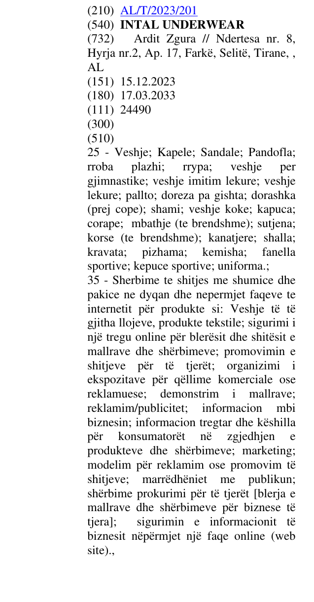 Zëri i markës INTAL UNDERWEAR në buletin