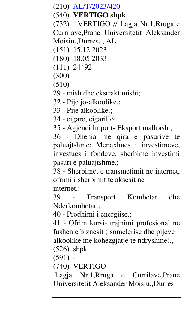 Zëri i markës VERTIGO shpk në buletin