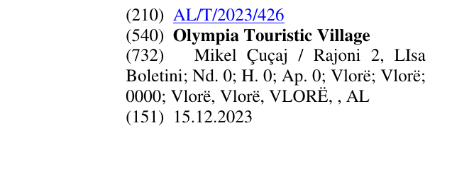 Zëri i markës Olympia Touristic Village në buletin