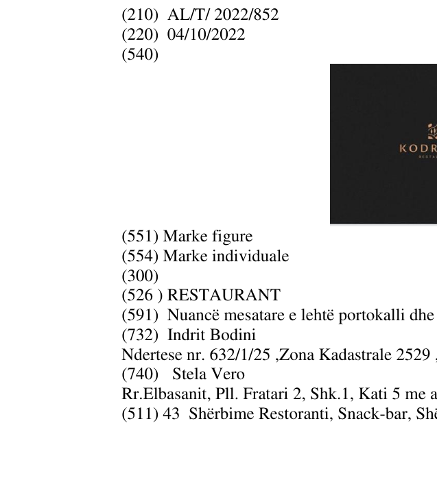 Zëri i markës RESTAURANT në buletin