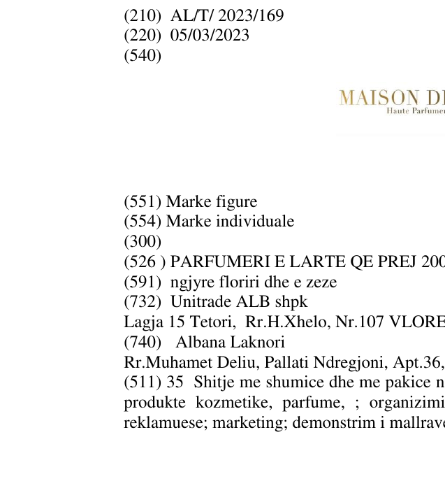 Zëri i markës PARFUMERI E LARTE QE PREJ 2009;PARFUM;ALB në buletin