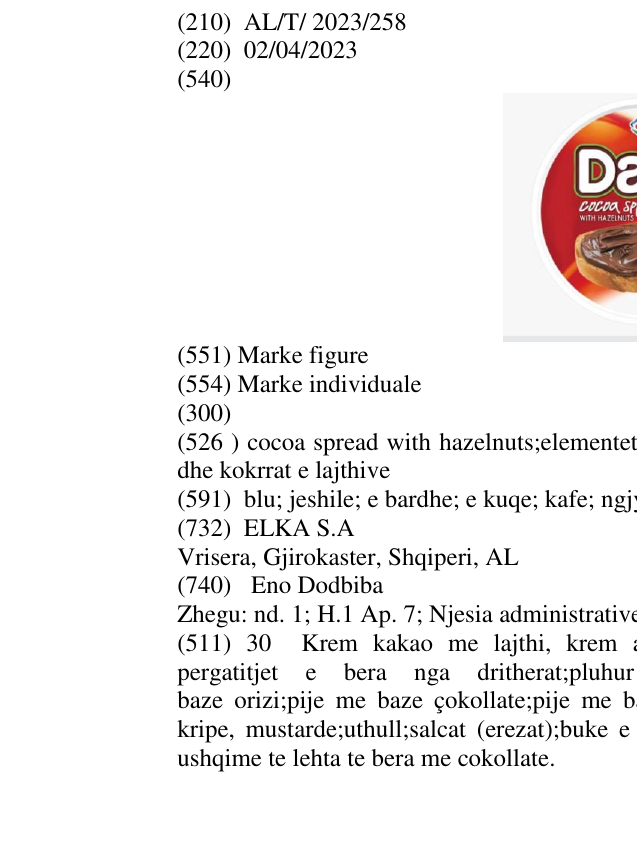 Zëri i markës cocoa spread with hazelnuts;elementet figurative te bukes se mbushur me cokollate dhe kokrrat e lajthive në buletin