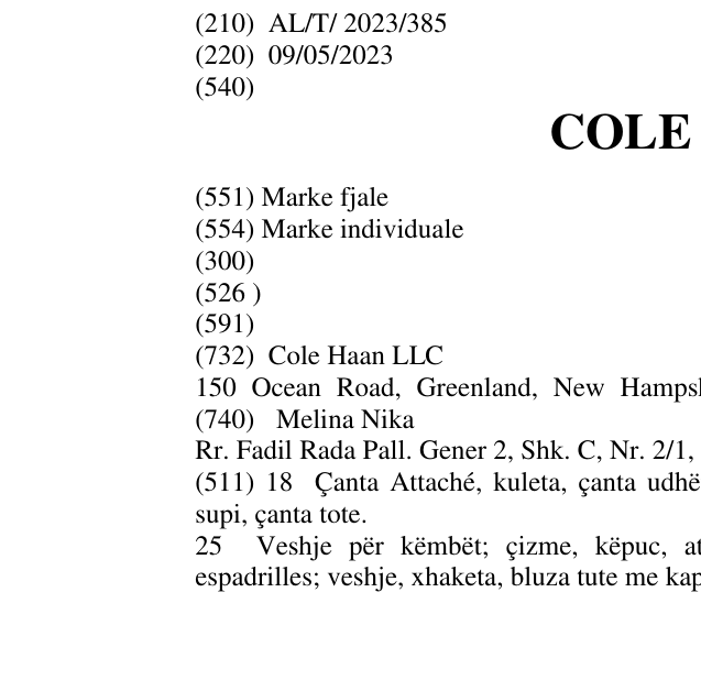 Zëri i markës COLE HAAN në buletin