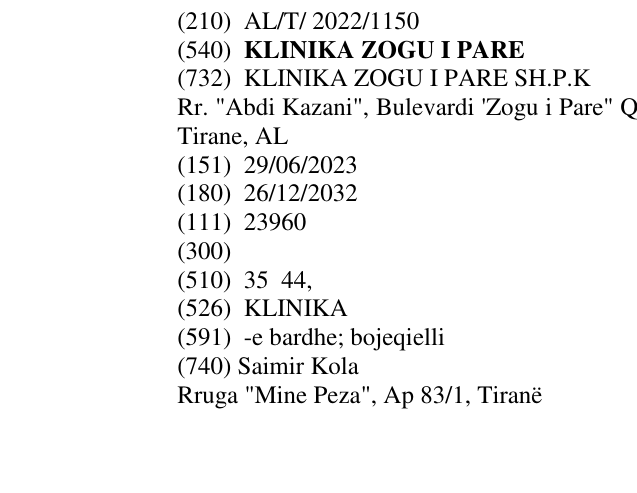 Zëri i markës KLINIKA ZOGU I PARE në buletin