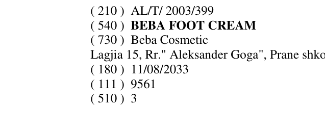 Zëri i markës BEBA FOOT CREAM në buletin