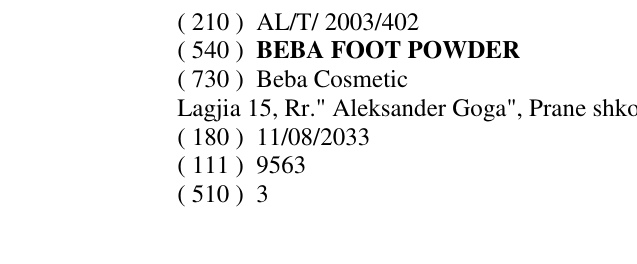 Zëri i markës BEBA FOOT POWDER në buletin