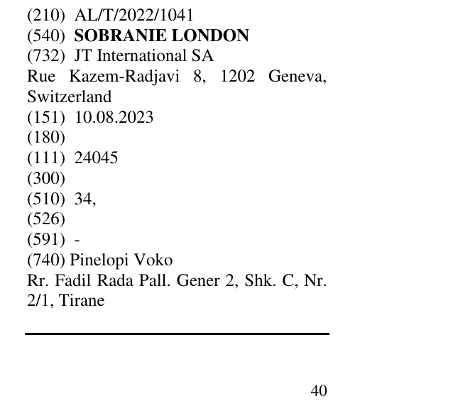 Zëri i markës SOBRANIE LONDON në buletin