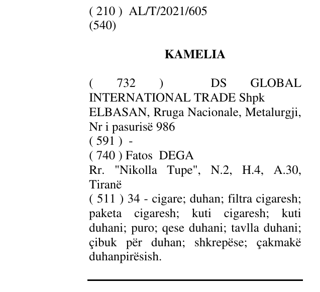 Zëri i markës KAMELIA në buletin