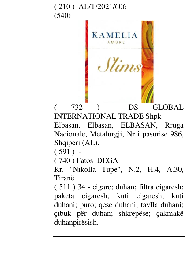 Zëri i markës KAMELIA AMBRE Slims në buletin