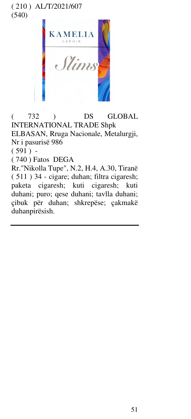 Zëri i markës KAMELIA SAPHIR Slims në buletin