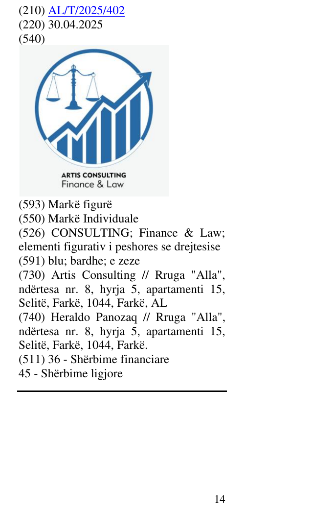 Zëri i markës CONSULTING; Finance & Law; elementi figurativ i peshores se drejtesise në buletin