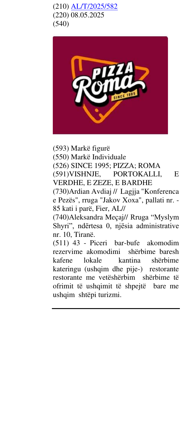Zëri i markës SINCE 1995; PIZZA; ROMA në buletin
