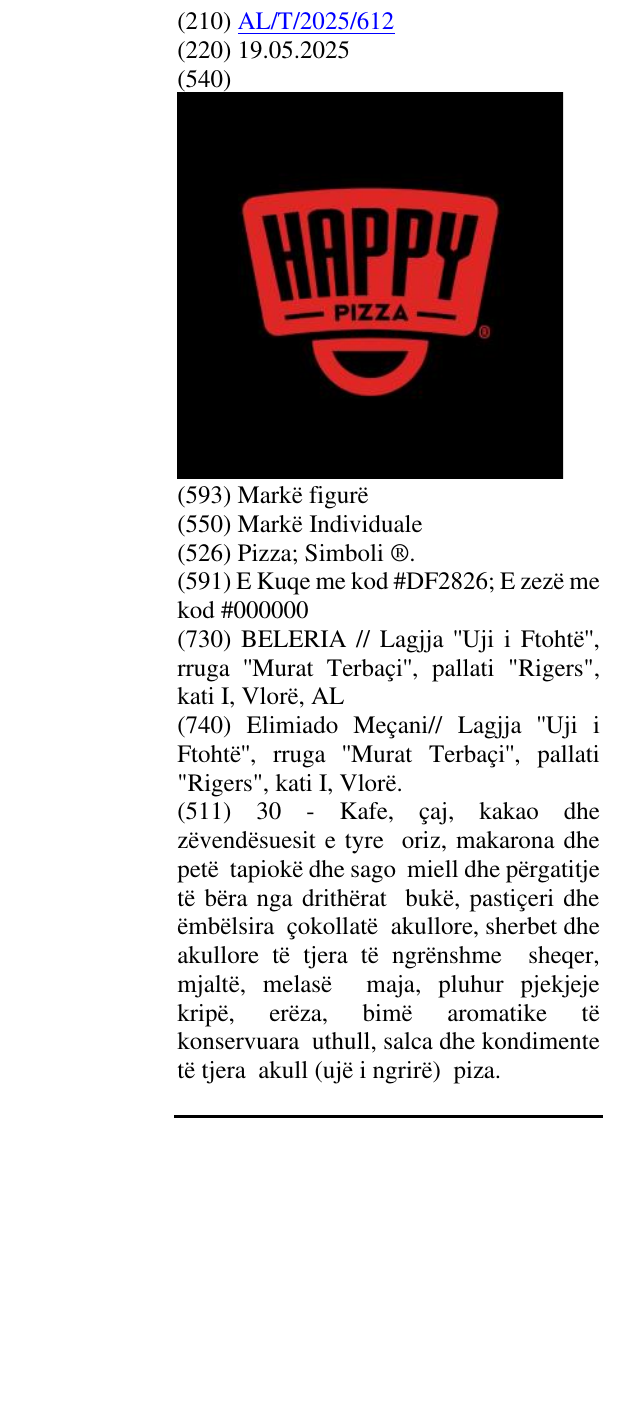 Zëri i markës Pizza; Simboli ®. në buletin