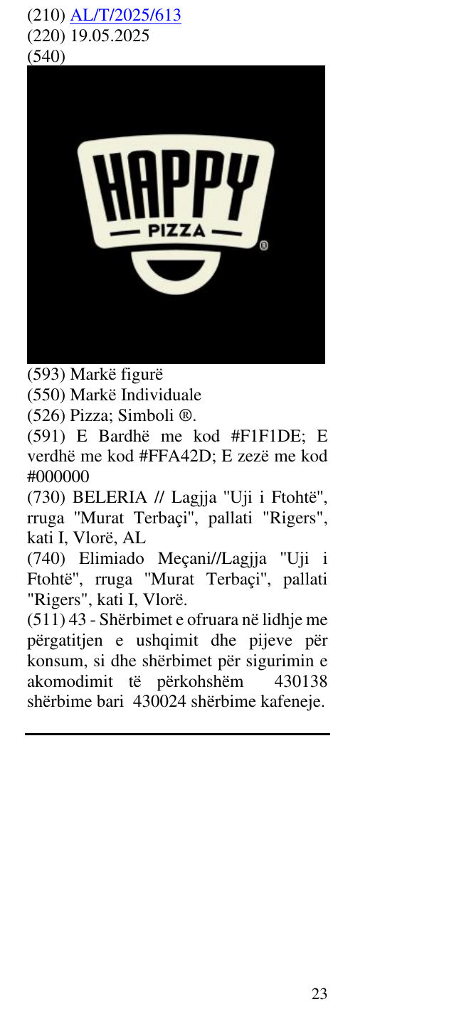 Zëri i markës Pizza; Simboli ®. në buletin