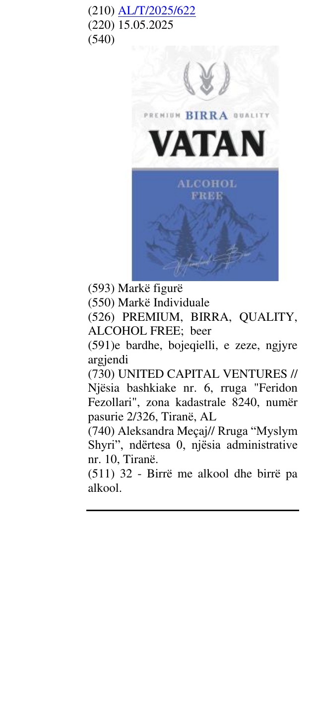 Zëri i markës PREMIUM, BIRRA, QUALITY, ALCOHOL FREE; beer në buletin