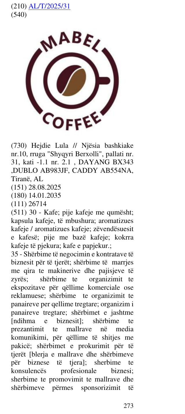Zëri i markës COFFEE; KOKRRA E KAFES në buletin