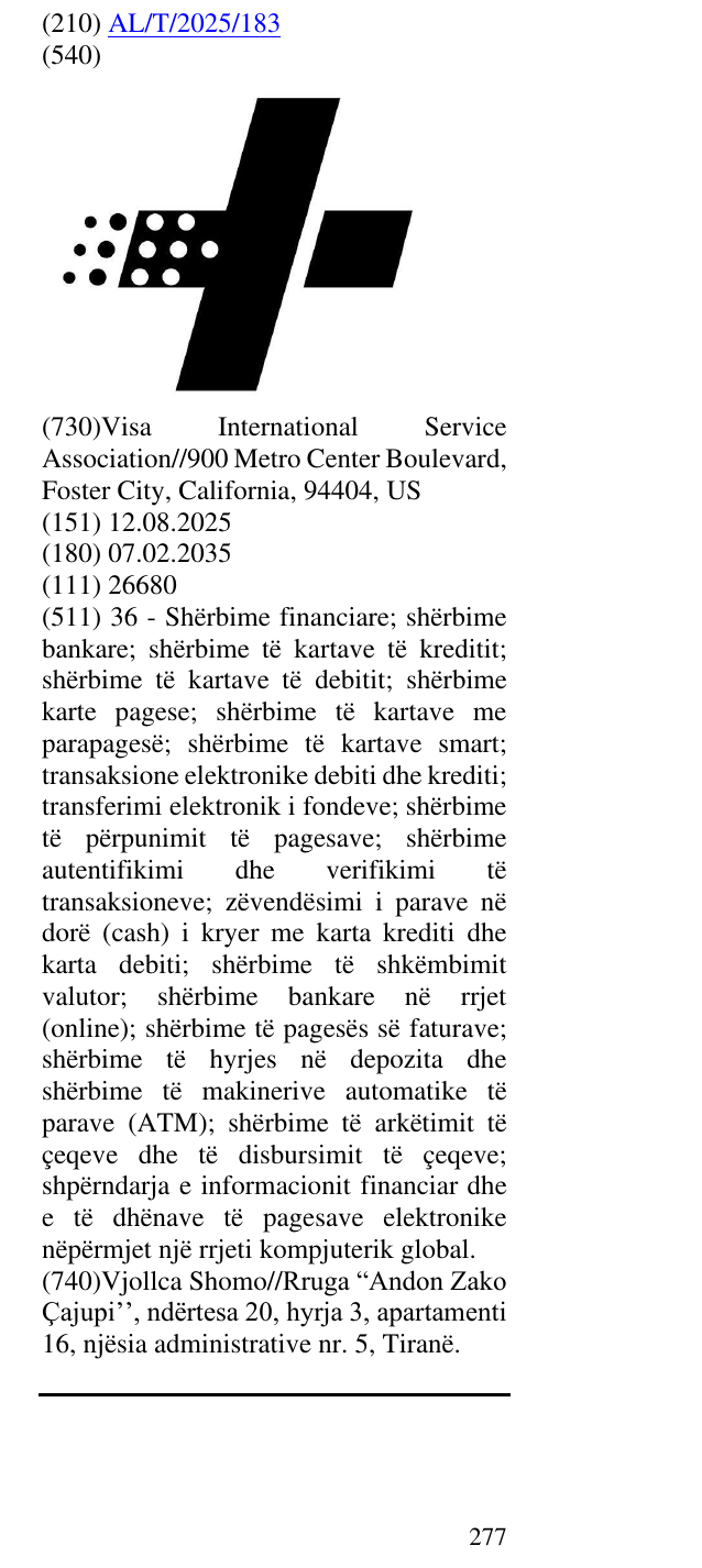Zëri i markës AL/T/2025/183 në buletin