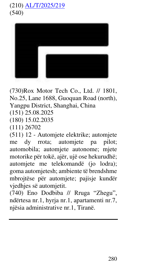 Zëri i markës AL/T/2025/219 në buletin