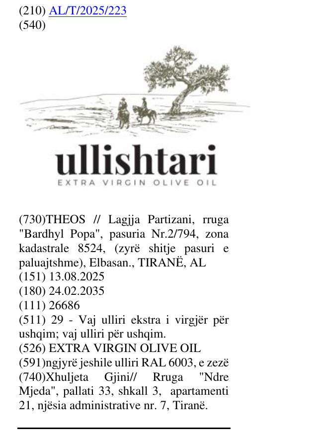 Zëri i markës EXTRA VIRGIN OLIVE OIL në buletin