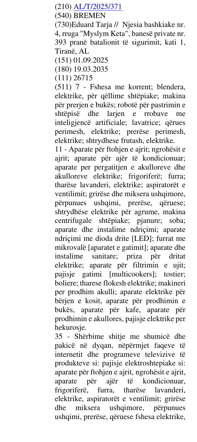 Zëri i markës BREMEN në buletin
