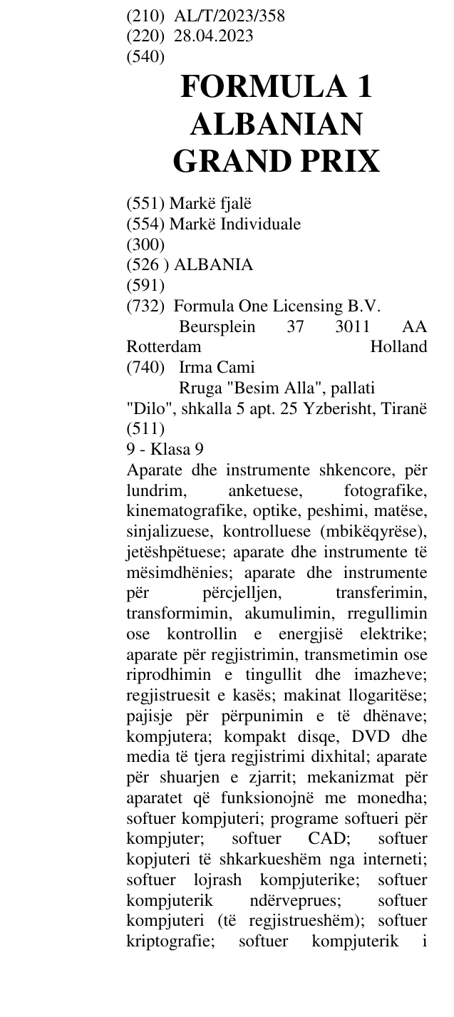 Zëri i markës FORMULA 1 ALBANIAN GRAND PRIX në buletin
