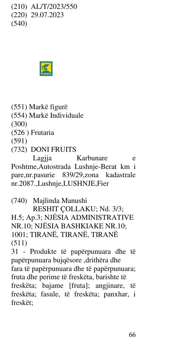 Zëri i markës Frutaria në buletin