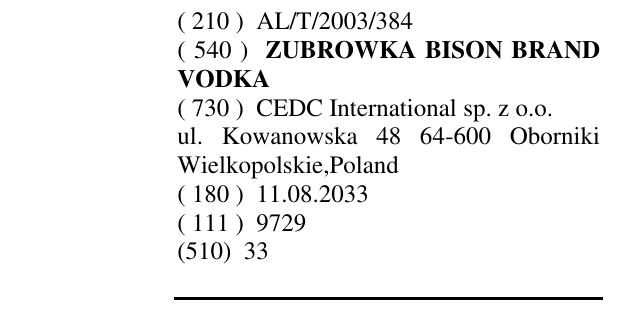 Zëri i markës ZUBROWKA BISON BRAND VODKA në buletin