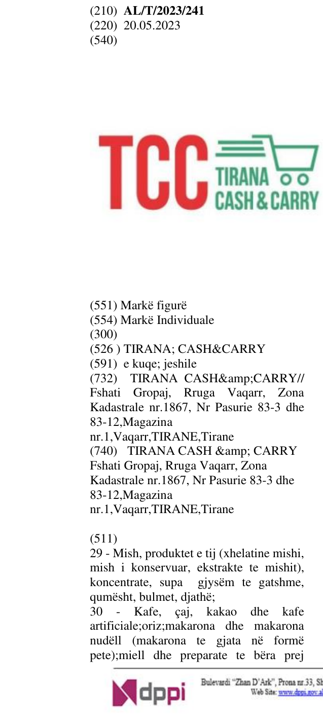 Zëri i markës TIRANA; CASH&CARRY në buletin