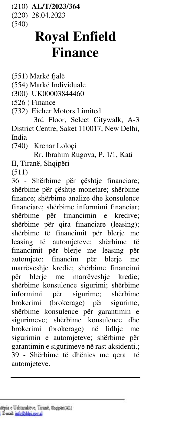 Zëri i markës Royal Enfield Finance në buletin
