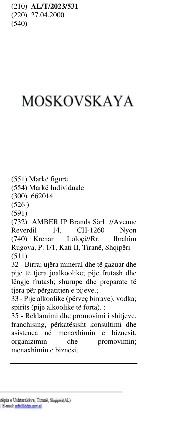 Zëri i markës MOSKOVSKAYA në buletin