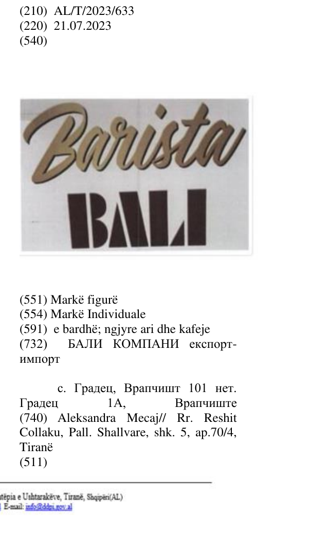 Zëri i markës BARISTA BALI në buletin