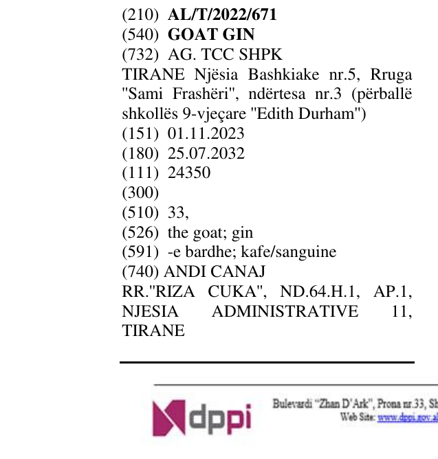 Zëri i markës GOAT GIN në buletin