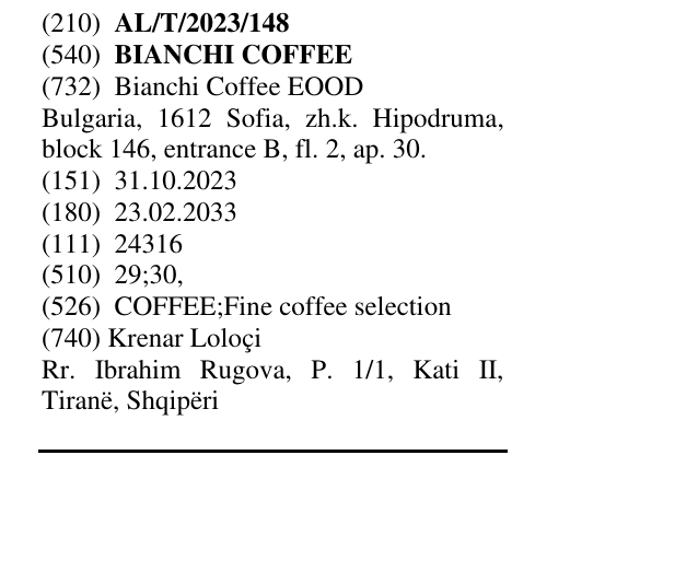 Zëri i markës BIANCHI COFFEE në buletin
