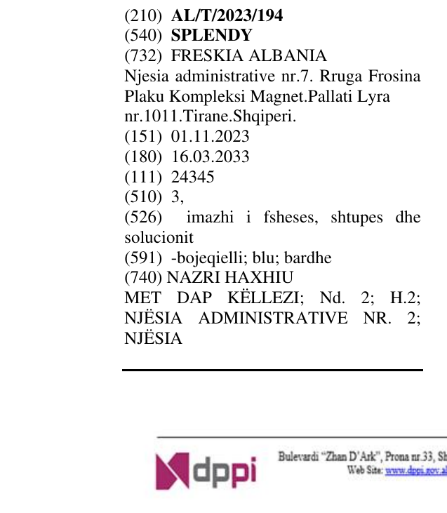 Zëri i markës SPLENDY në buletin