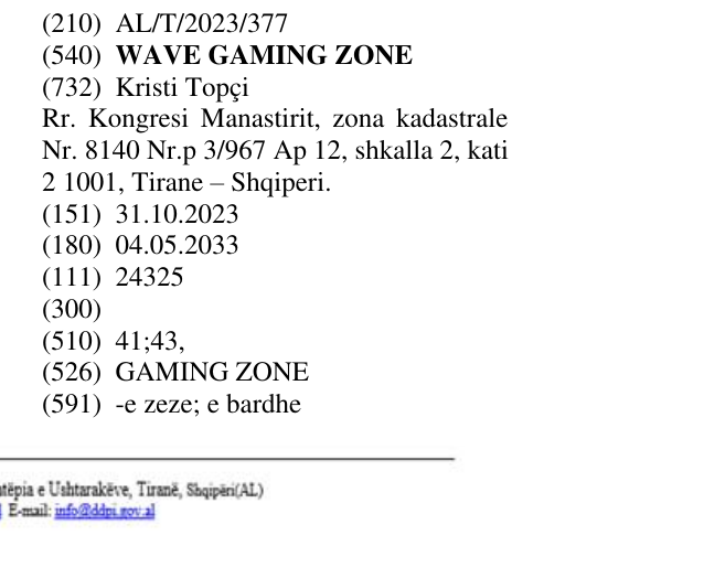 Zëri i markës WAVE GAMING ZONE në buletin