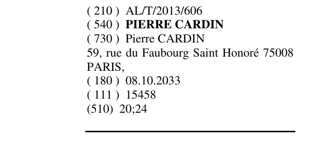 Zëri i markës PIERRE CARDIN në buletin