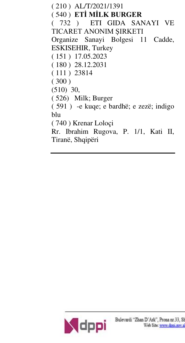 Zëri i markës ETİ MİLK BURGER në buletin