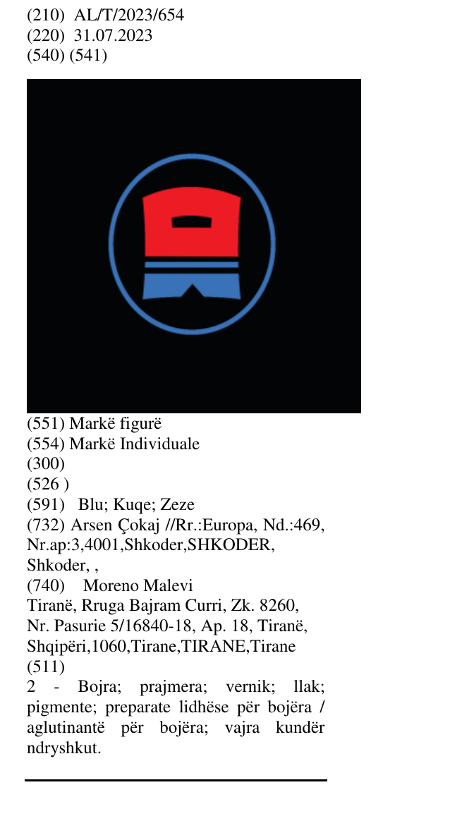 Zëri i markës AL/T/2023/654 në buletin