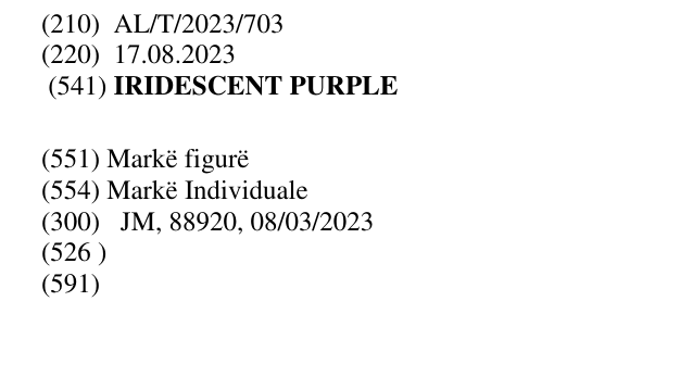 Zëri i markës IRIDESCENT PURPLE në buletin