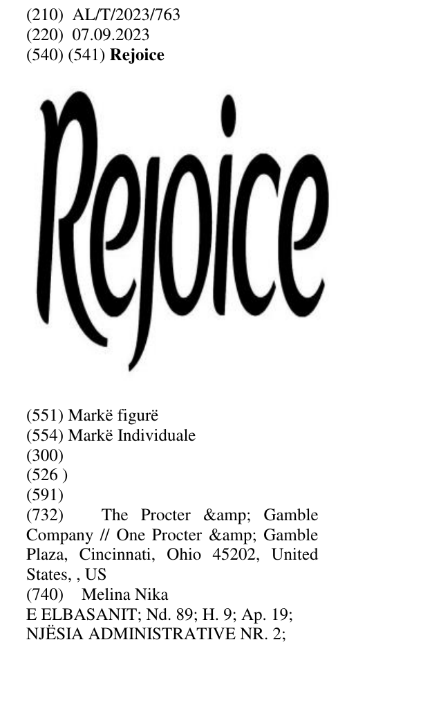Zëri i markës Rejoice në buletin