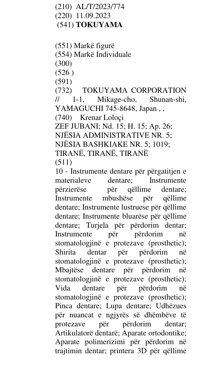 Zëri i markës TOKUYAMA në buletin