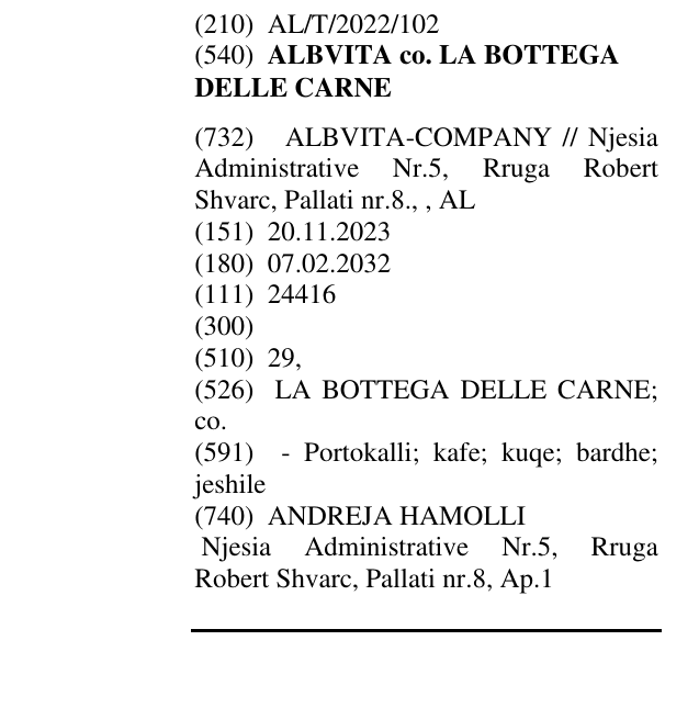 Zëri i markës ALBVITA co. LA BOTTEGA DELLE CARNE në buletin