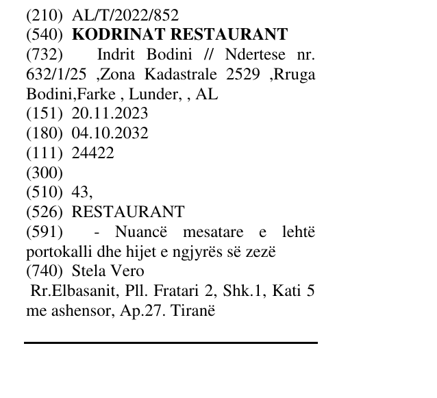 Zëri i markës KODRINAT RESTAURANT në buletin