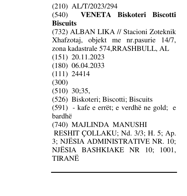 Zëri i markës VENETA Biskoteri Biscotti Biscuits në buletin