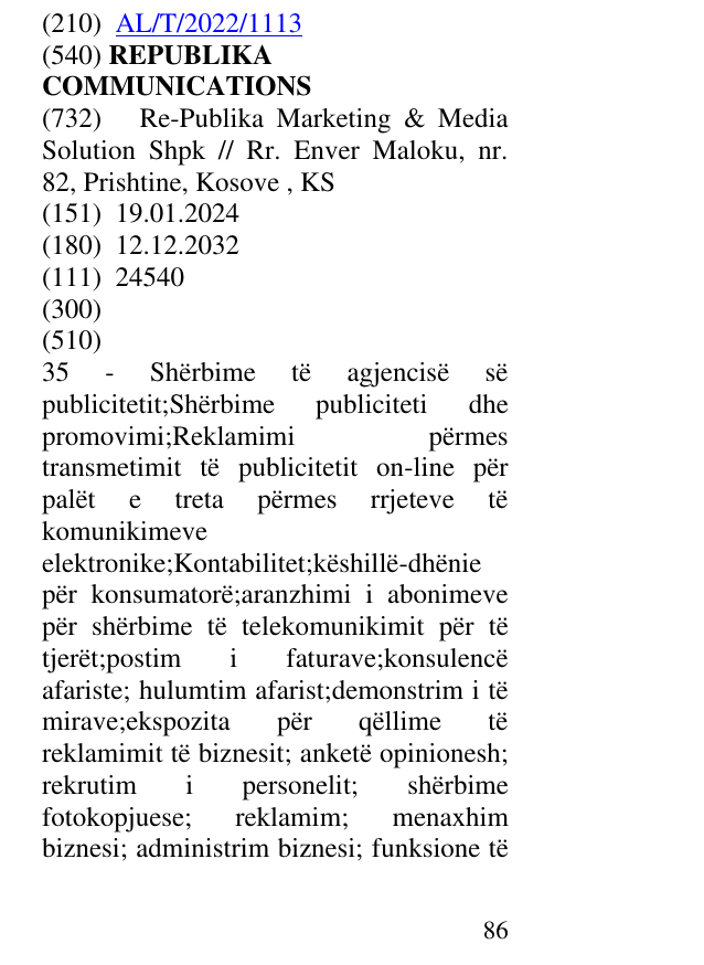Zëri i markës REPUBLIKA COMMUNICATIONS në buletin