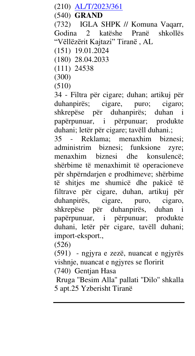 Zëri i markës GRAND në buletin