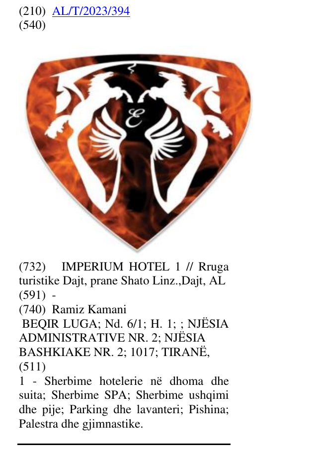 Zëri i markës IMPERIUM HOTEL 1 në buletin