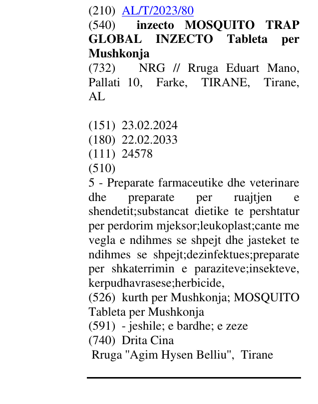 Zëri i markës inzecto MOSQUITO TRAP GLOBAL INZECTO Tableta per Mushkonja në buletin