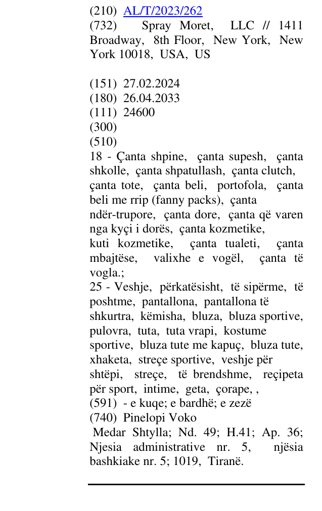 Zëri i markës AL/T/2023/262 në buletin