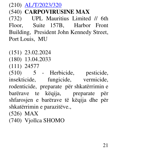 Zëri i markës CARPOVIRUSINE MAX në buletin